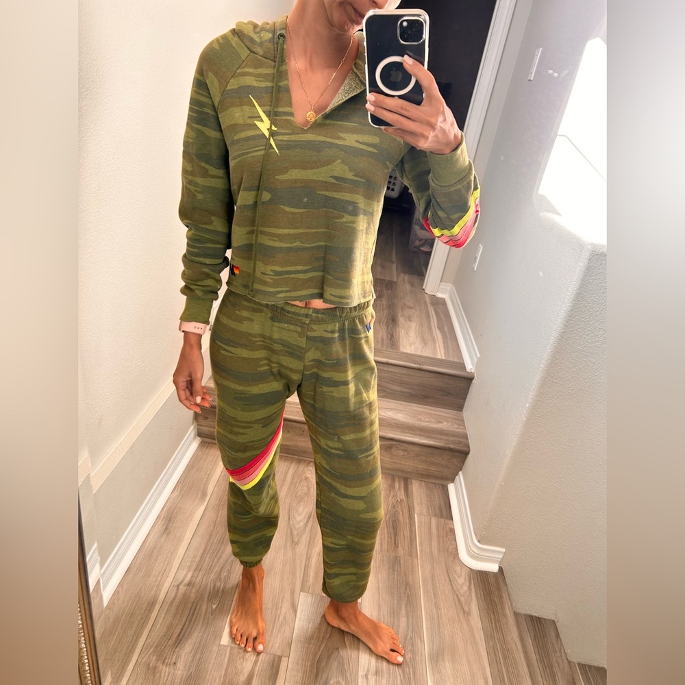 Aviator Nation Green Camo Track Pants with Pink and Yellow Stripes